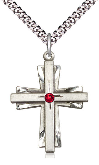 Sterling Silver Cross Pendant with 3mm Ruby Swarovski Necklace