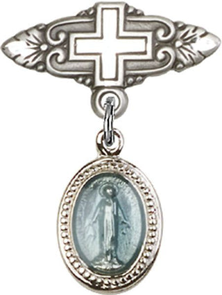 Sterling Silver Badge Pin With Cross Miraculous Baby Badge
