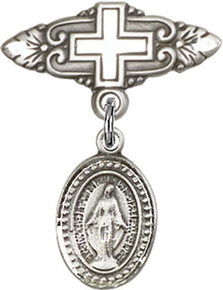 Sterling Silver Badge Pin With Cross Miraculous Baby Badge
