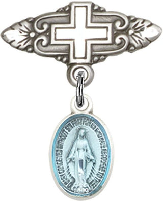 Sterling Silver Badge Pin With Cross Miraculous Baby Badge