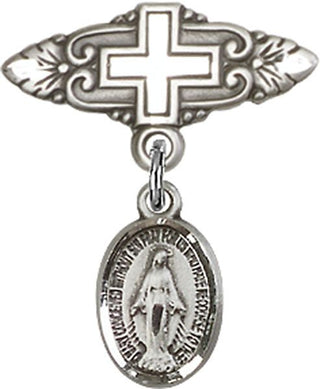 Sterling Silver Badge Pin With Cross Miraculous Baby Badge