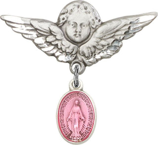 Sterling Silver Large Angel w/Wings Miraculous Baby Badge