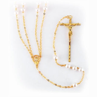 Gold Plated Pearl Lasso Rosary 8 MM Imit. Pearl Rosary
