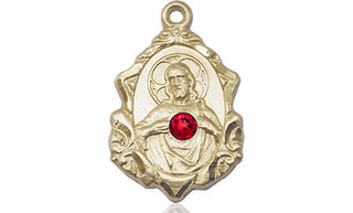14kt Gold Scapular with Ruby Stone Medal with a 3mm Ruby Swarovski stone