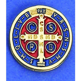 6-pack - Saint Benedict Lapel Pin - Gold Tone with Dark Blue/Red Enamel