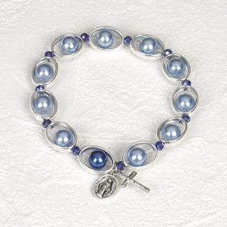 4-pack - Blue Faux Pearl and Silver tone Oval Rosary Stretch Bracelet