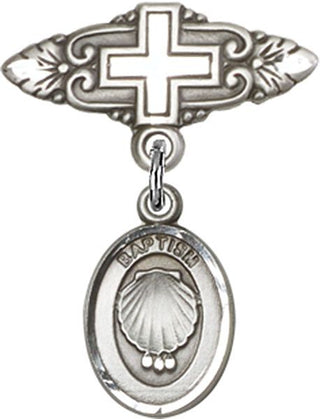 Sterling Silver Badge Pin With Cross Baptism Baby Badge