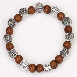 4-pack - Saint Benedict Wood and Silver tone Medal Rosary Bracelet
