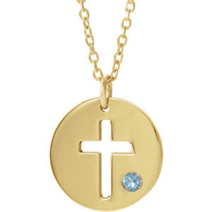 14K Gold Aquamarine Pierced Cross Disc 16-18" Necklace