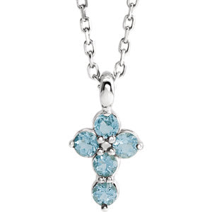 14K White Aquamarine Cross 16-18" Necklace