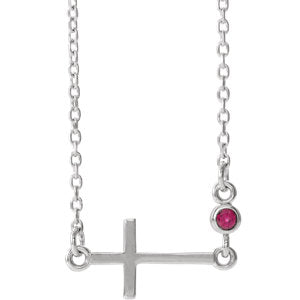 14K White Ruby Sideways Accented Cross 16-18" Necklace