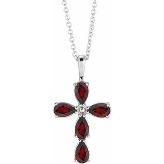 Platinum Natural Mozambique Garnet Cross 16-18" Necklace