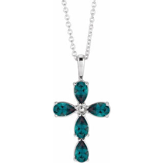 14K White Lab-Grown Alexandrite Cross 16-18" Necklace