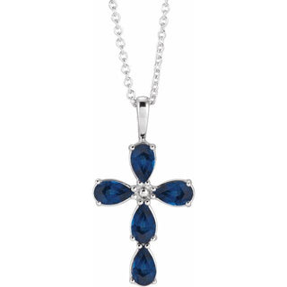 14K White Natural Blue Sapphire Cross 16-18" Necklace
