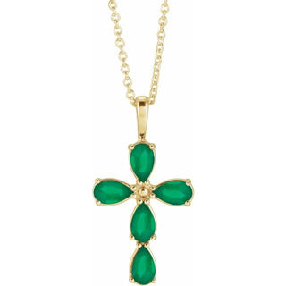14K Yellow Natural Emerald Cross 16-18" Necklace