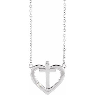 Sterling Silver .015 CT Natural Diamond Heart & Cross 18" Necklace