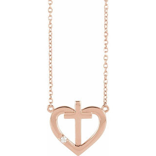 14K Rose .015 CT Natural Diamond Heart & Cross 18" Necklace