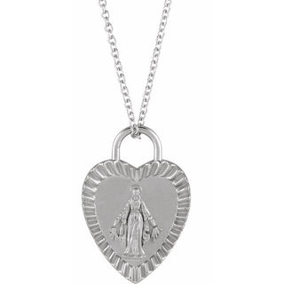 14K White Miraculous Mary Heart 16-18" Necklace