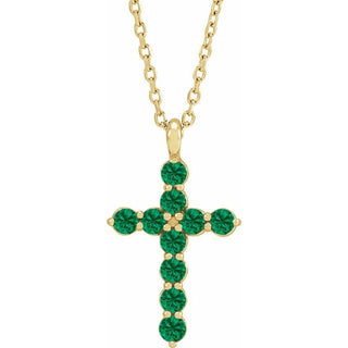 14K Yellow Natural Emerald Cross 16-18" Necklace