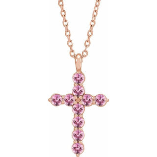 14K Rose Natural Pink Tourmaline Cross 16-18" Necklace