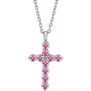 Sterling Silver Natural Pink Tourmaline Cross 16-18" Necklace