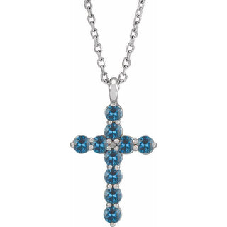 14K White Natural Blue Zircon Cross 16-18" Necklace