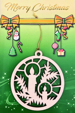 4-pack - Green Christmas Card with Candle Wooden Ornament