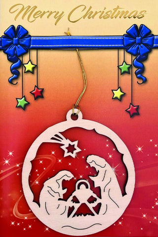3-pack - Red Christmas Card with Holy Family Wooden Ornament