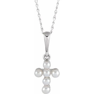 14K White Cultured White Seed Pearl Youth Cross 16" Necklace