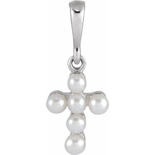 Platinum Cultured White Seed Pearl Youth Cross Pendant