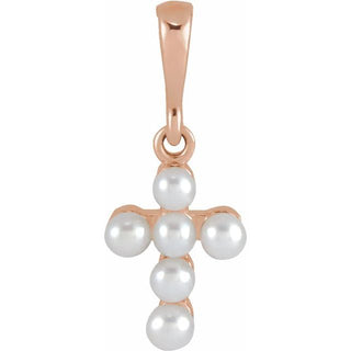 14K Rose Cultured White Seed Pearl Youth Cross Pendant
