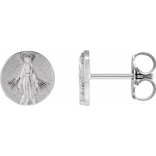 14K White Tiny Miraculous Medal Stud Earrings