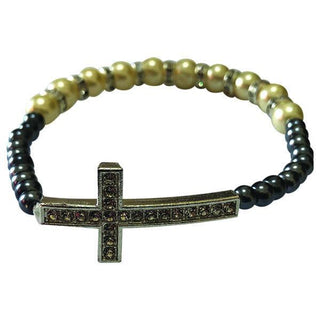 Dark Gray and White Stretch Bracelet with Crystal Cross 6mm 4-pack