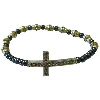 Dark Gray and White Stretch Bracelet with Crystal Cross 4mm 4-pack