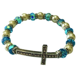 Light Blue and White Stretch Bracelet with Crystal Cross 4-pack