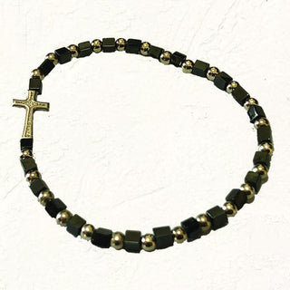 Black and Silver-tone Stretch Bracelet with Cross and Cube Shaped Beads 4-pack