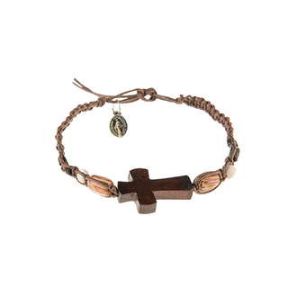 4-pack - Dark Brown Men's Braided Bracelet with Wooden Cross and Miraculous Medal