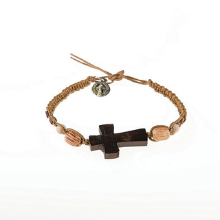 4-pack - Light Brown Men's Braided Bracelet with Wooden Cross and Miraculous Medal