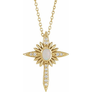 14K Yellow Natural White Opal & .06 CTW Natural Diamond Nativity Cross 16-18" Necklace