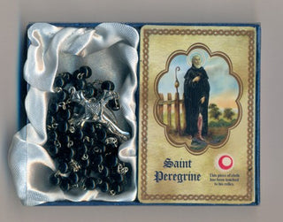 Wood Black Rosary with Center of St Peregrine and third class relic