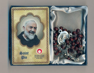 Wood Rosary with Center of St Pio of Pietrelcina and third class relic