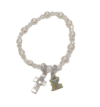 4-pack - Faux Pearl Stretch Bracelet With Chalice Medal & Cross