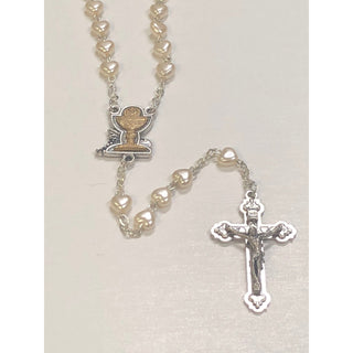 6mm First Communion Heart Shaped Pemium Faux Pearl Glass Rosary With Two Toned Chalice Center