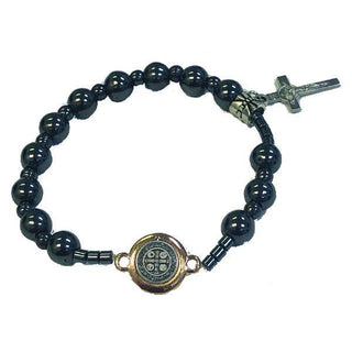 Saint Benedict Hematite Stretch Bracelet with Medal and Cross 4-pack