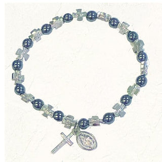 Hematite and Silver-tone Stretch Bracelet with Crosses 4-pack