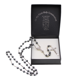 Premium Black First Holy Communion Rosary with Chalice Center and Crucifix