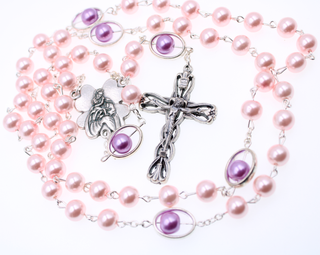 Pink Faux Pearl Rosary - Mary Center & Oval Our Father Bead