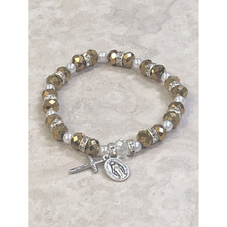 4-pack - Gold Sparkle Bead Rosary Bracelet With Strass Crystals Miraculous Medal And Crucifix