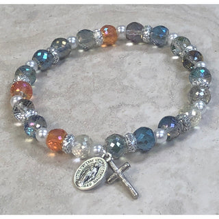 4-pack - Multi Color Sparkle Bead Rosary Bracelet With Strass Crystals Miraculous Medal And Crucifix