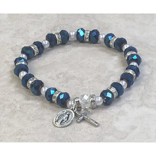 4-pack - Blue Sparkle Bead Rosary Bracelet With Strass Crystals Miraculous Medal And Crucifix